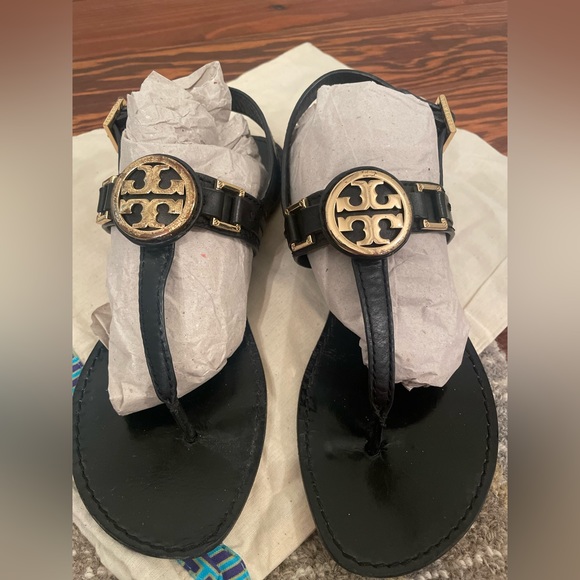 Tory Burch black & gold leather sandals - Picture 2 of 4